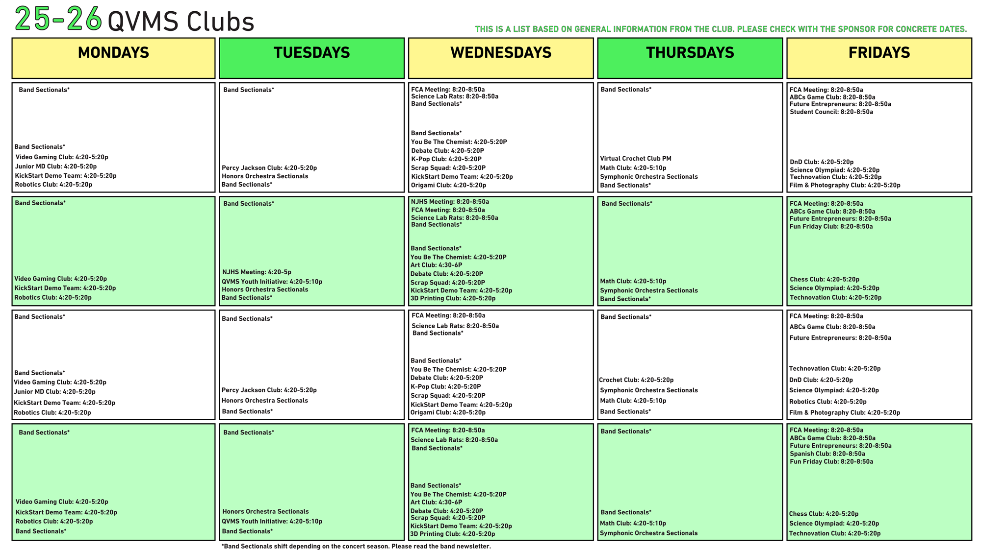 This is a general calendar of the 2025-2026 QVMS club dates.